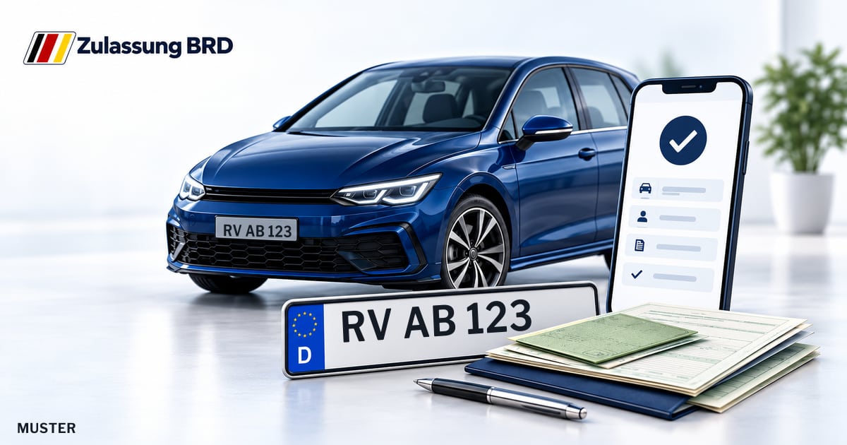 Online Fahrzeugzulassung in Bad Waldsee: Musterkennzeichen RV AB 123, Auto und Fahrzeugpapiere und Smartphone. Illustration mit Logo von Zulassung BRD.